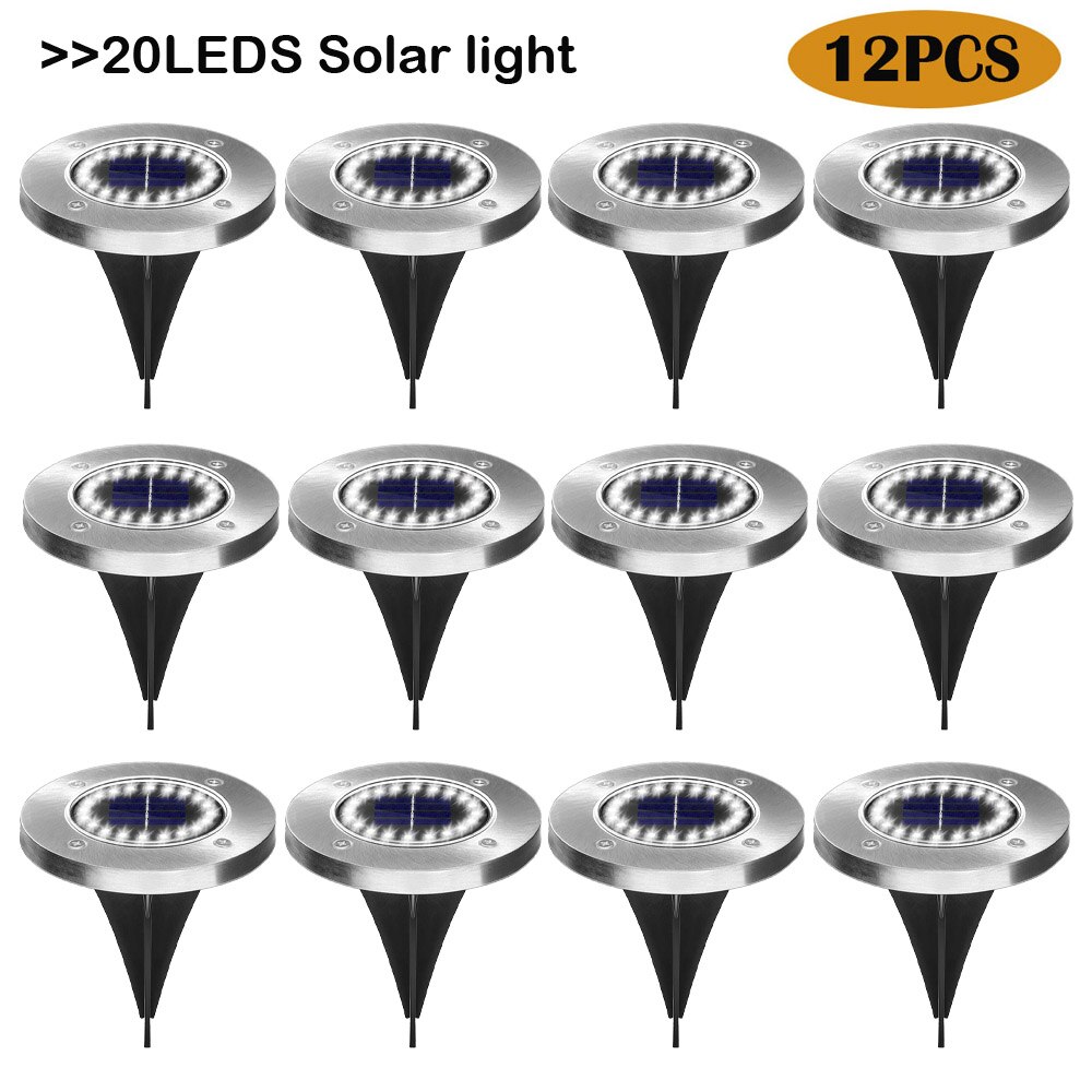 12Pack Solar Powered Ground Light Waterproof Garden Pathway Deck Lights With 8/12/16/20 LEDs Solar Lamp for Yard Driveway Lawn: 20LEDS / White