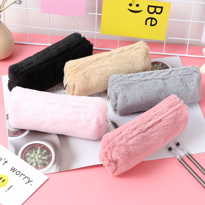 Estuche para lápices Kawaii, estuche de pelo bonito Color rosa, estuche para lápiz de Color sólido para niñas, estuche para lápices, Papelería, Material Escolar encantador