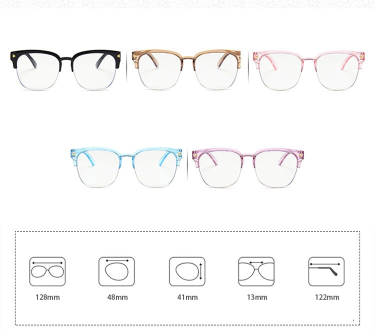 Montura de gafas Retro cuadrada transparente Anti-azul claro para niños, lentes transparentes semi-sin montura, gafas con remaches para niños