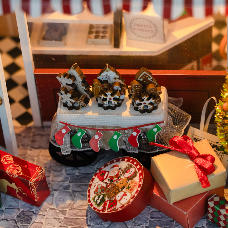 Diy Houten Poppenhuizen Kerst Dessert Winkel Casa Miniatuur Model Kit Villa Poppenhuis Met Meubels Led Licht Voor Vrienden Cadeau