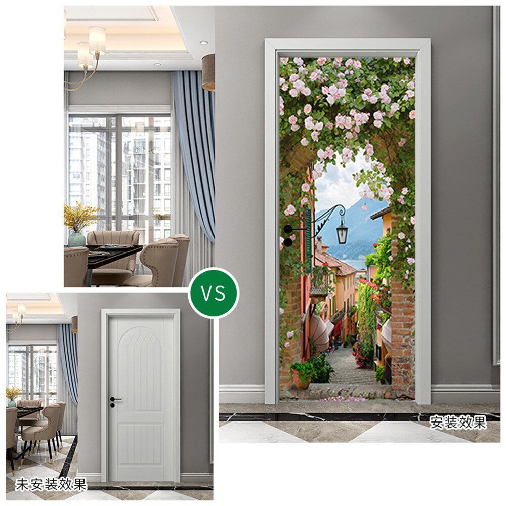 3D Door Deco Sticker Wallpaper Waterproof Vinyl PVC House Bedroom Door Decoration Sticker Rose Arch Door Wallpaper Stickers