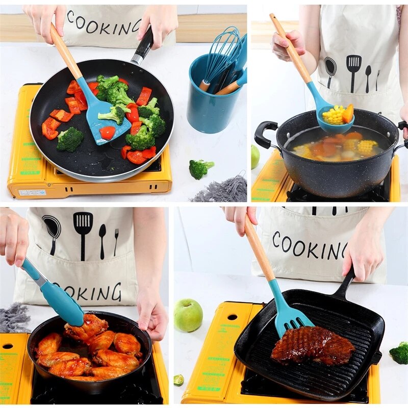 Silicone Kitchenware Cooking Utensils Set Non-stick Cookware Spatula Shovel Egg Beaters Wooden Handle Kitchen Cooking Tool Set