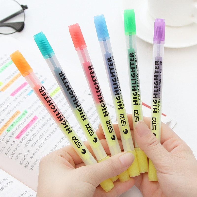 6Pcs Japanse Candy-kleurige Twin-Tips Markeerstift Duurzaam Marker Briefpapier Kids Office Accessoires School Supply h6183
