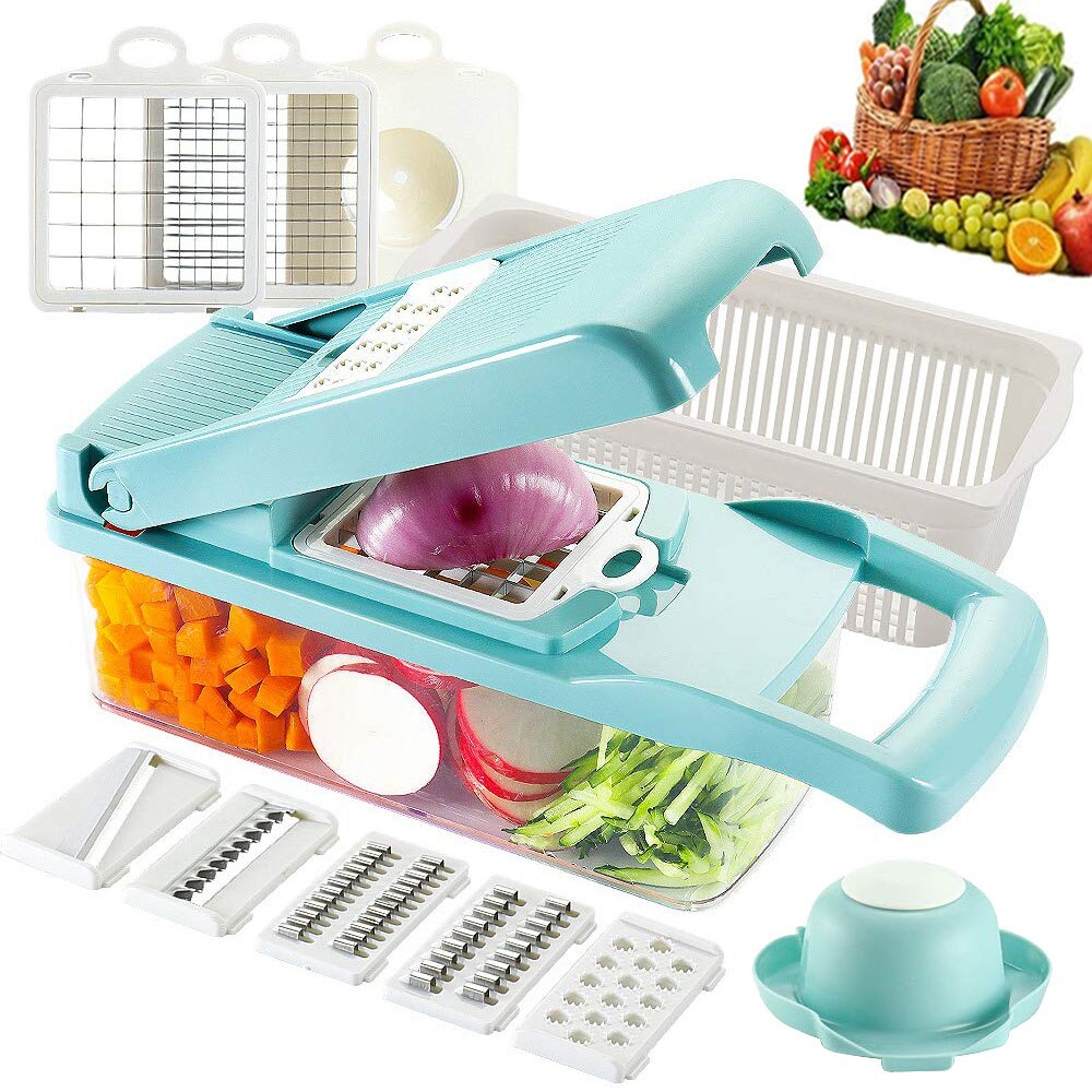 Multifunctional Vegetable Cutter Mandoline Slicer 8 Blades Vegetable Choppers With cut-resistant Gloves Onion Potato Slicer Dice: Blue 12 set