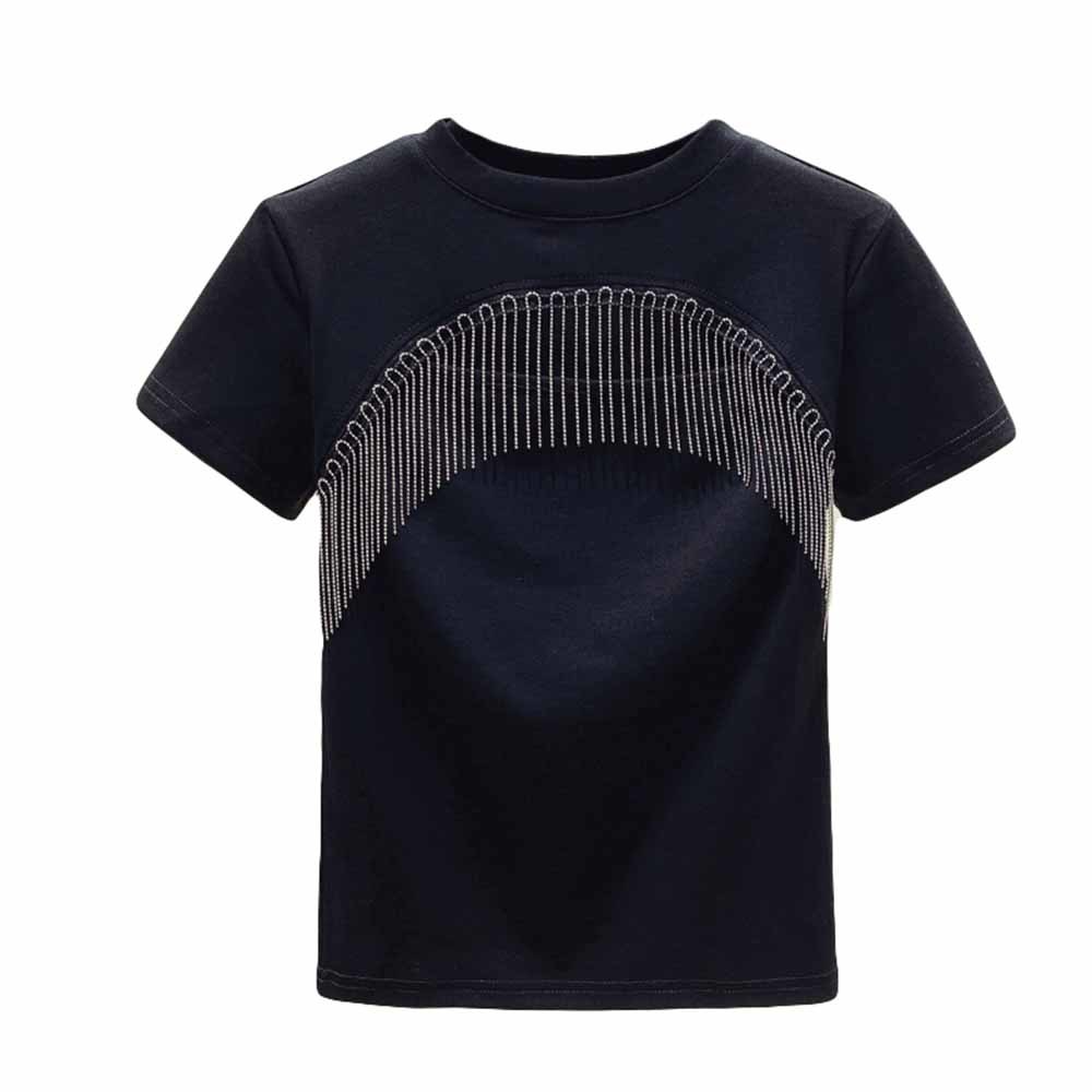 Pink/sort/hvid t-shirt crop top sommer t-shirts toppe kvinde t-shirt udhulet kvast bomuld kortærmet t-shirt dametøj