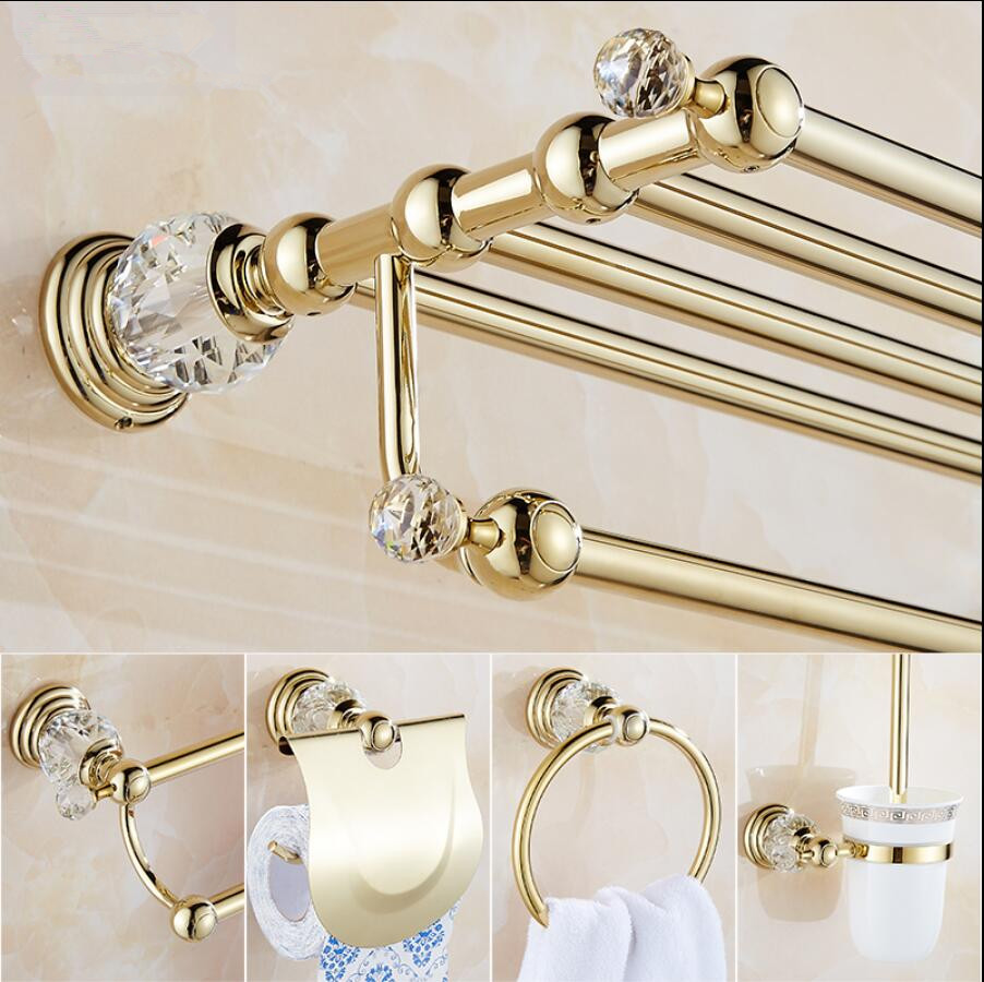 Clear Crystal Bathroom Accessories Sets Silver Polished Gold Towel Rack Toilet Brush Holder Solid Brass Bathroom Hardware Sets