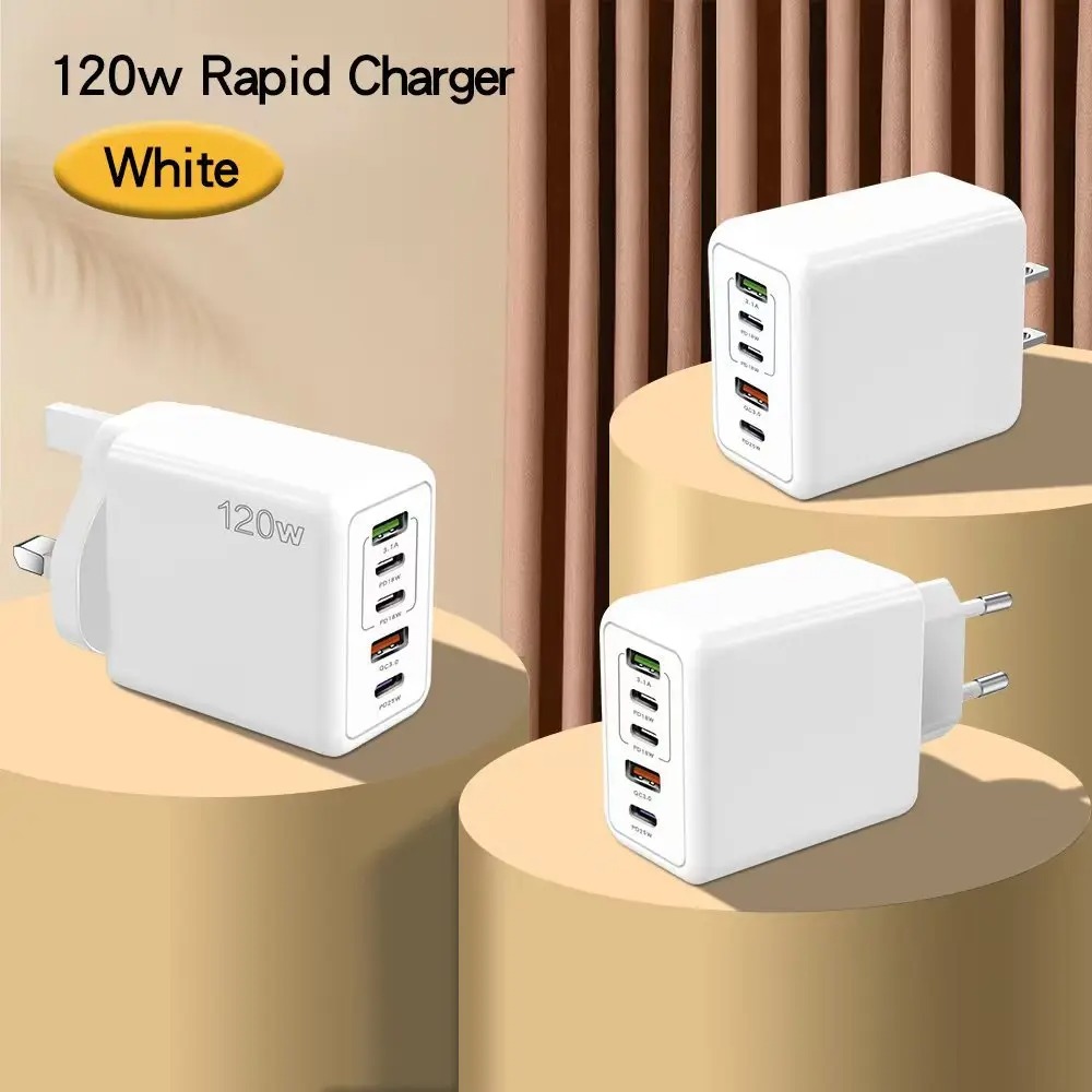 120W 5 Port USB Charger Type C QC 3.0 Fast Charging Mobile Phone Wall Adapter EU/US/UK Plug for iPhone 15 Samsung Xiaomi Huawei