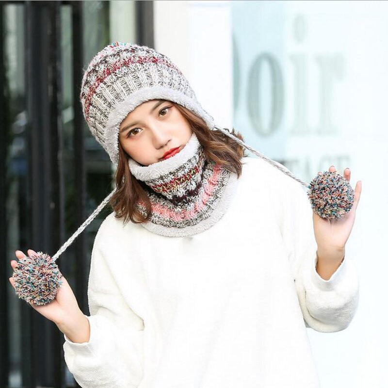 BINGYUANHAOXUAN-gorro de punto para mujer, gorros con bufanda, gorros, gorros de invierno cálido holgado para niña, gorros de lana para niña