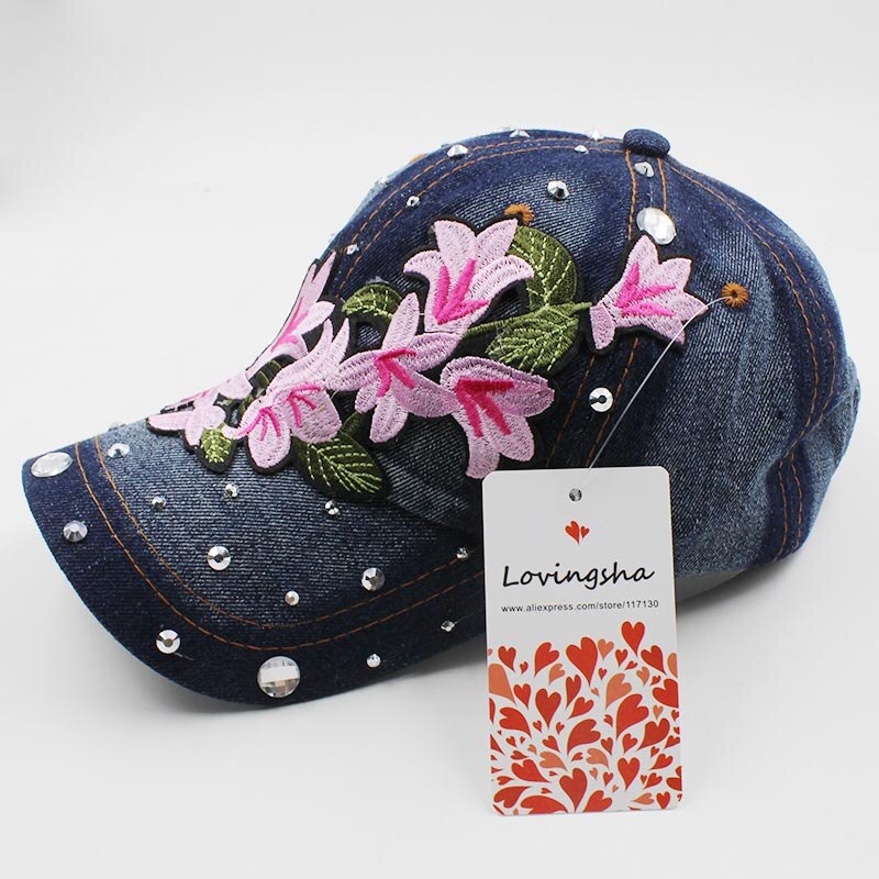 Lovingsha Rhinestones Denim Baseball Cap Spring Floral Cap Snapback Summer Cap For Girl Fitted Cap Women Cheap Hat