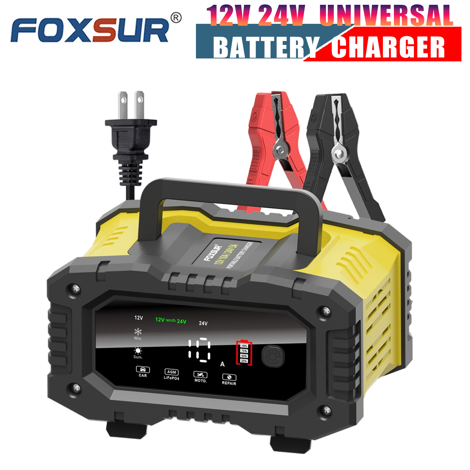 FOXSUR-cargador de batería de coche 10A para baterías de plomo-ácido Lifepo4 AGM de 12V 24V para motocicleta, camión, barco con reparación automática de pulso