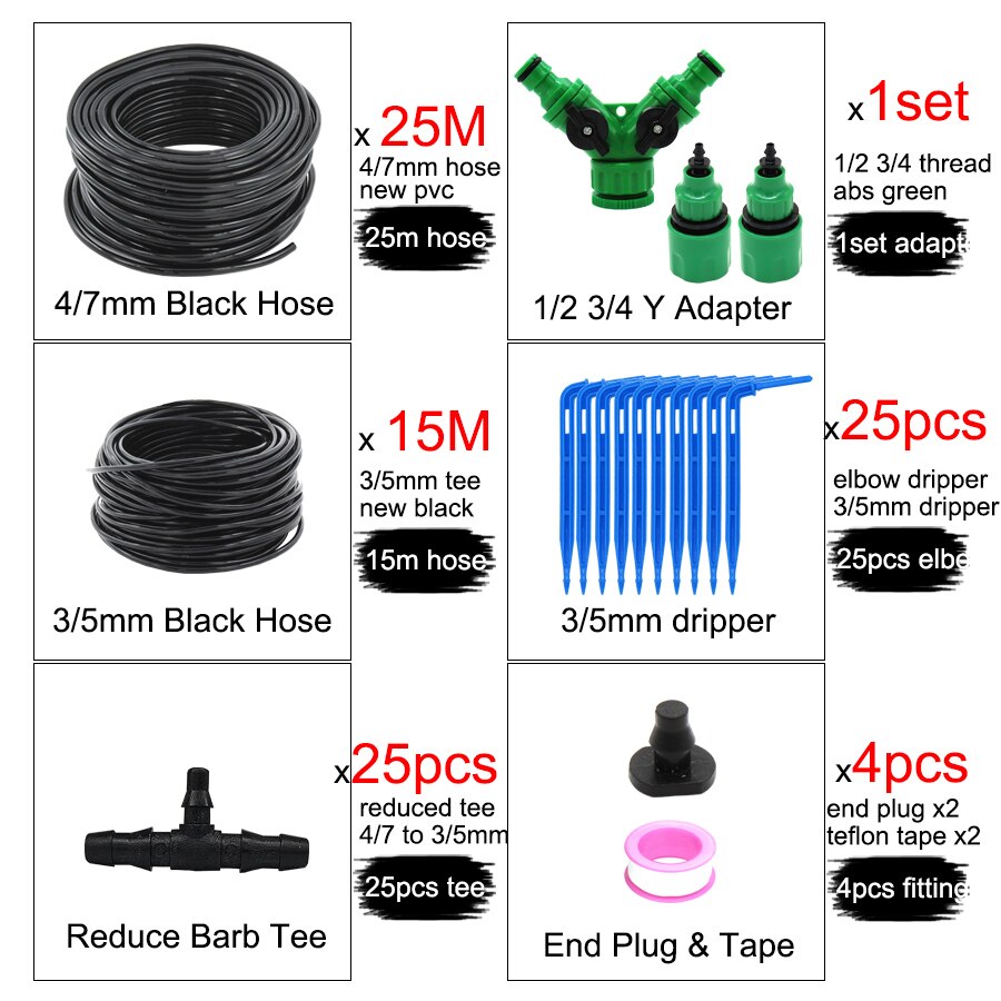MUCIAKIE 50M 4/7 to 3/5MM Micro Drip Irrigation System Garden Bonsai Plant Dripper Watering Kits with 1/4 1/8'' PVC Hose Elbow: DxAB683Cx25m