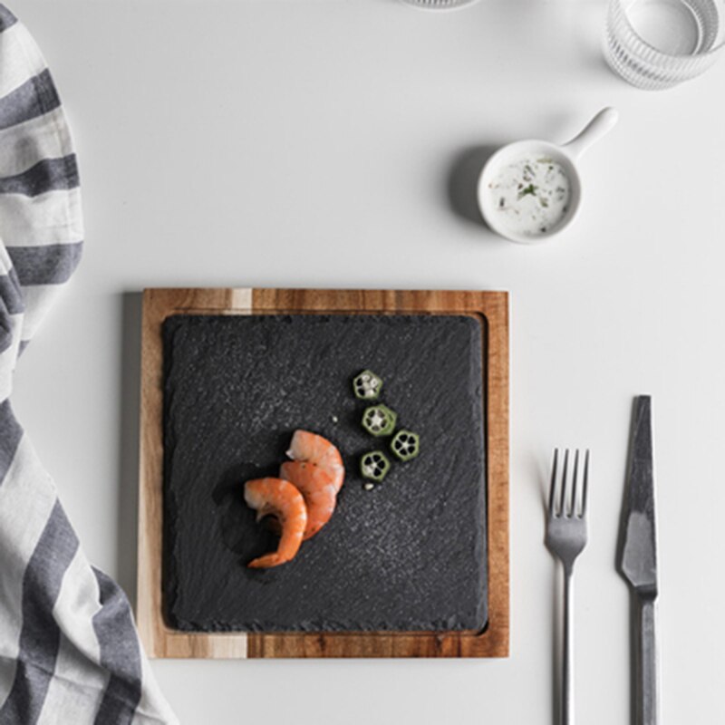 Solid Wood Tray Black Solid Wood Western Food Plate Rock Plate Acacia Wood Plate Western Food Japanese Food Plate Snack Dessert