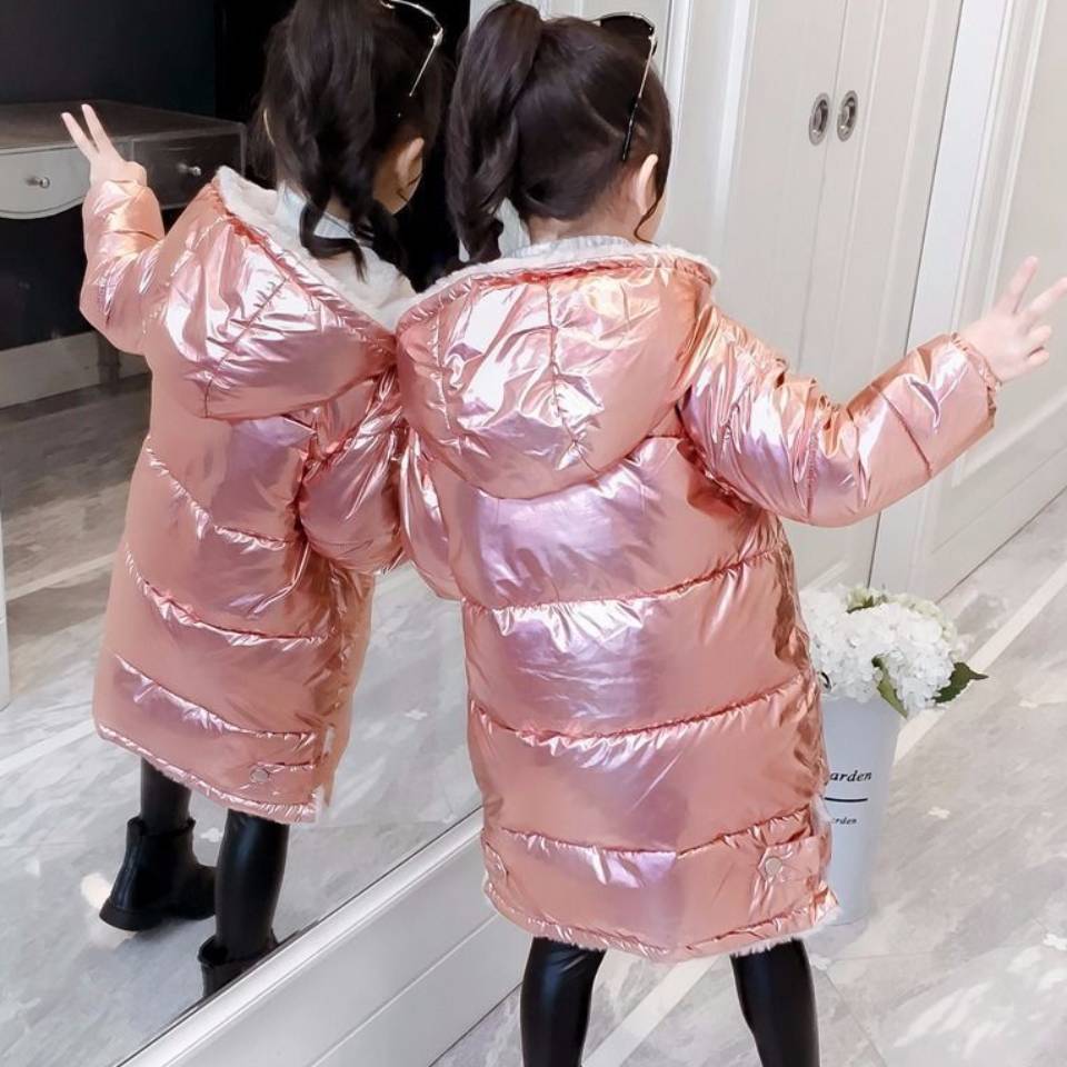 Śliczne nowe dziewczyny dorywczo grube bawełniane puchowe parki płaszcze różowa/srebrna kurtka z kapturem dla dzieci dzieci Wam zimowe długie kurtki dla dzieci