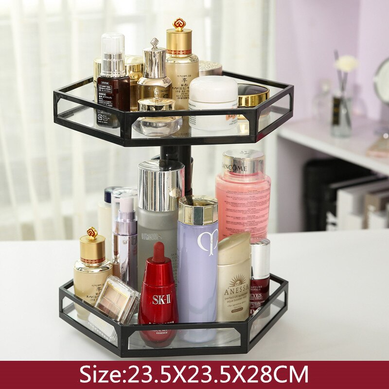 Hjem kosmetisk rack glas roterende smykker opbevaringsholder soveværelse badeværelse skrivebord stand makeup arrangør hylde parfume butikskasse: Dobbelt lag sort