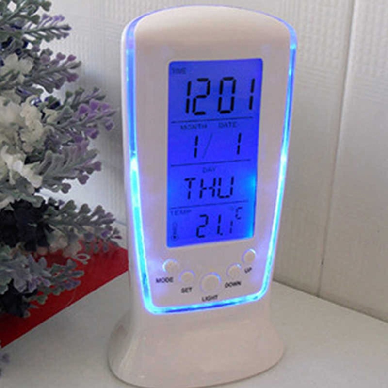Led Blauw Lichtgevende Digitale Mini Bureauklok Met Elektronische Kalender Thermometer Led Tafel Klok 7 Geluiden Wekker 13*6*5.5Cm