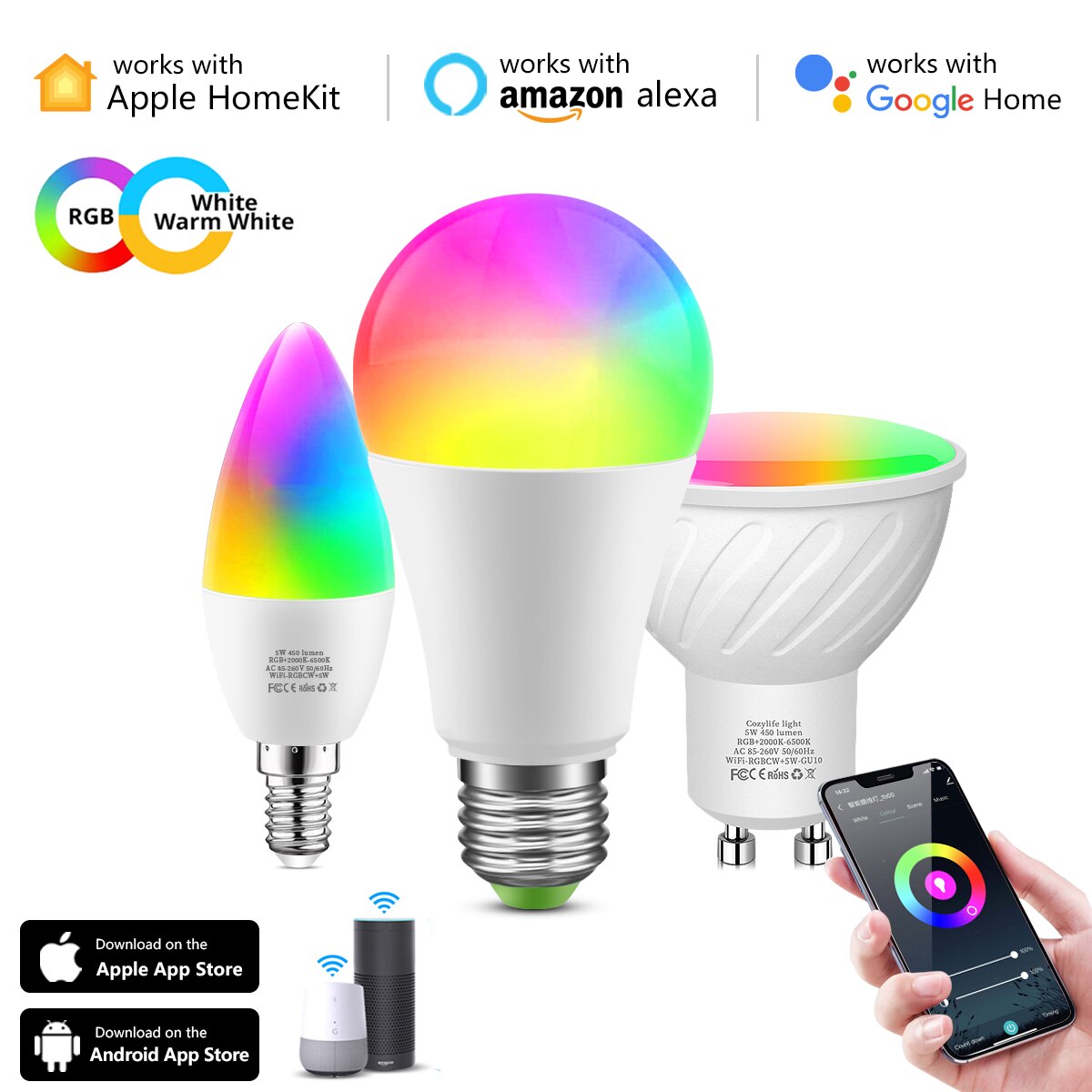 Bombilla LED inteligente Tuya Smart Life/Homekit, E14, GU10, E27, RGBW, funciona con Siri, Alexa y Google Home