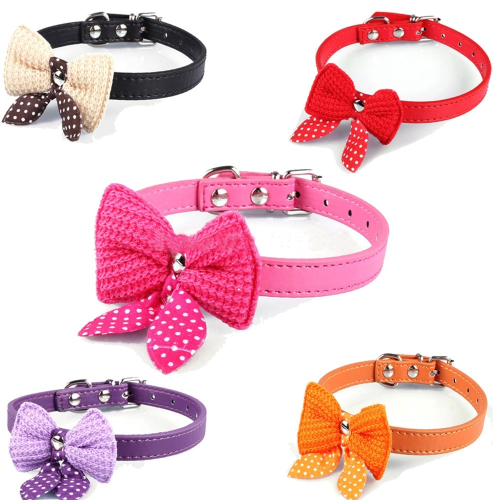 Leuke Knit Huisdier knoop Cat Halsband Verstelbare Lederen Ketting voor Kleine Honden Puppy Kraag Chihuahua Zwart/Rood /Rose rood