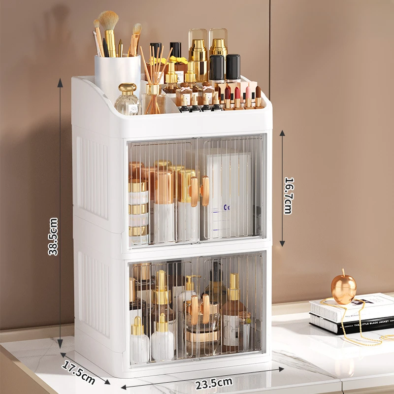 Caja de almacenamiento plegable, cajas organizadoras sencillas para el hogar, organizador de productos para el cuidado de la piel de doble puerta, estante de almacenamiento de papelería multicapa: Verde claro