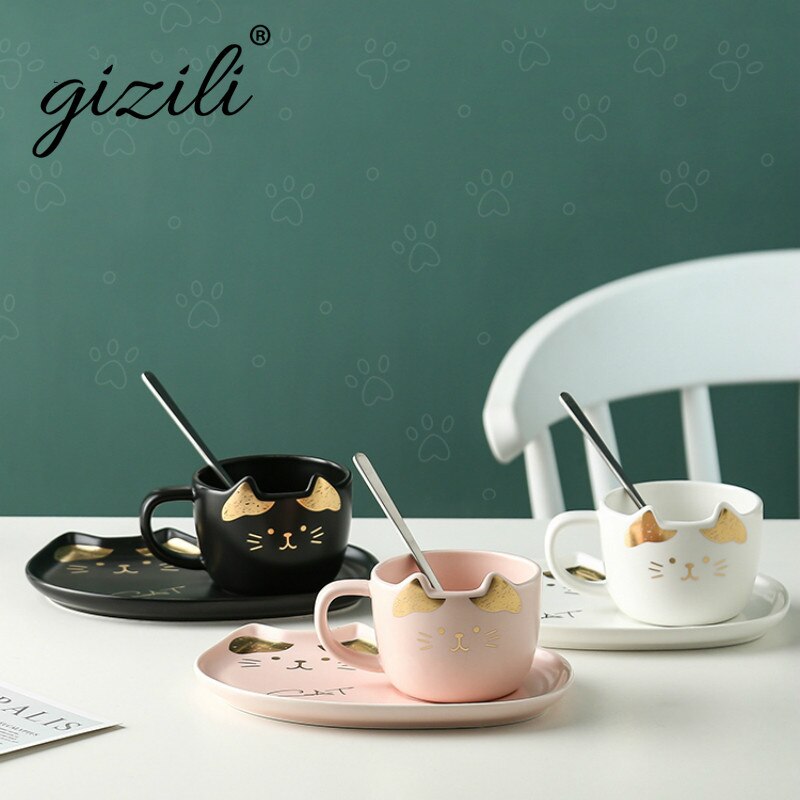 200ML Cartoon Ceramics Cat Mug Set With Saucers Spoon Coffee Milk Mugs Cute Breakfast Drinkware Birthday Porcelain