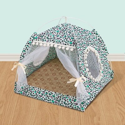 Prinses huisdier hond kat opvouwbare tent bed ademend kitten hondenhok gaas katten puppy kennel vier seizoenen kussen kat huisdier tipi: Luipaardgroen / M