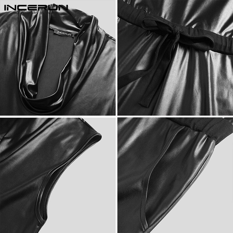 hommes combinaisons Streetwear sans manches col roulé faux cuir salopette pantalon à lacets solide décontracté hommes barboteuses INCERUN