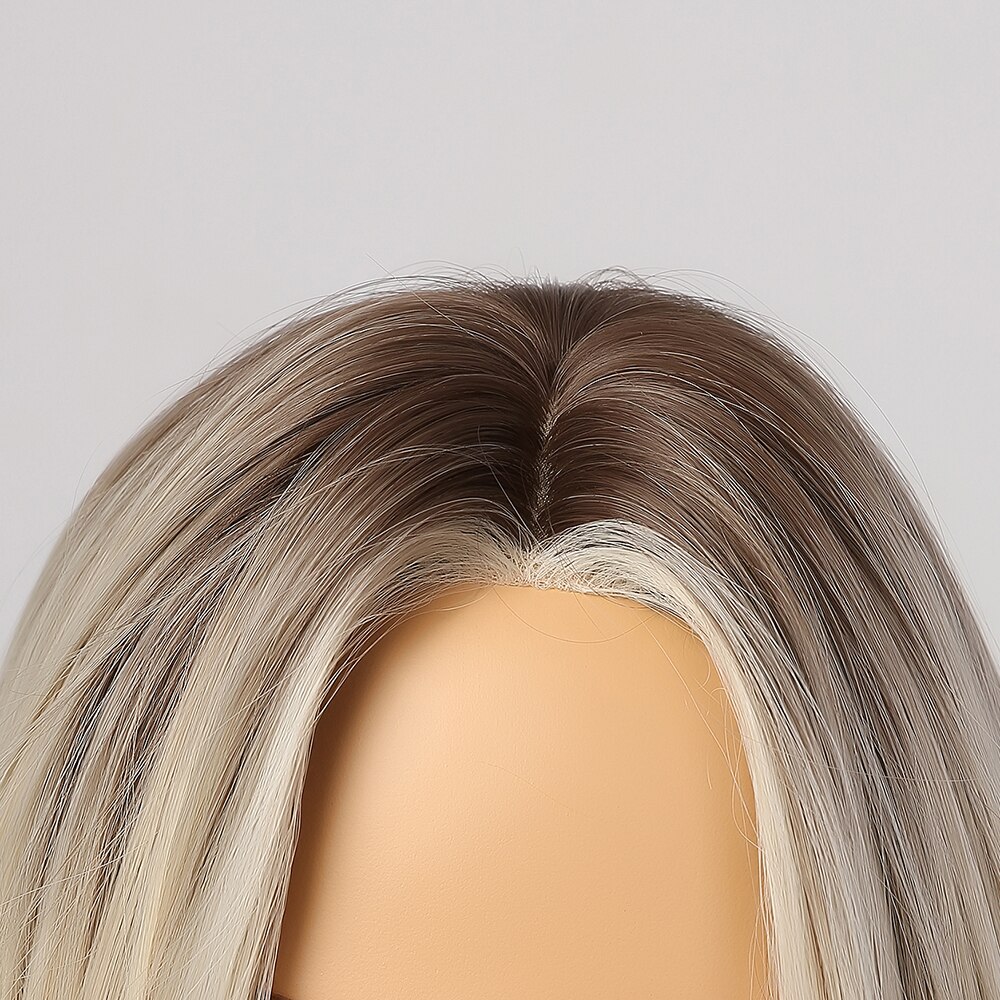 GEMMA Medium Straight Synthetic Wigs Ombre Black Brown Blonde White Highlight Wigs Middle Part Hair for Women Heat Resistant
