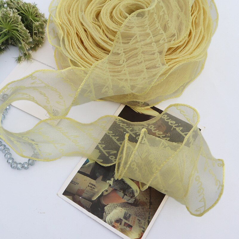 Cinta de Organza con estampado de letras flocadas, borde ondulado para envolver artesanales, decoración del hogar y , 55mm, 5 yardas/lote: Yellow
