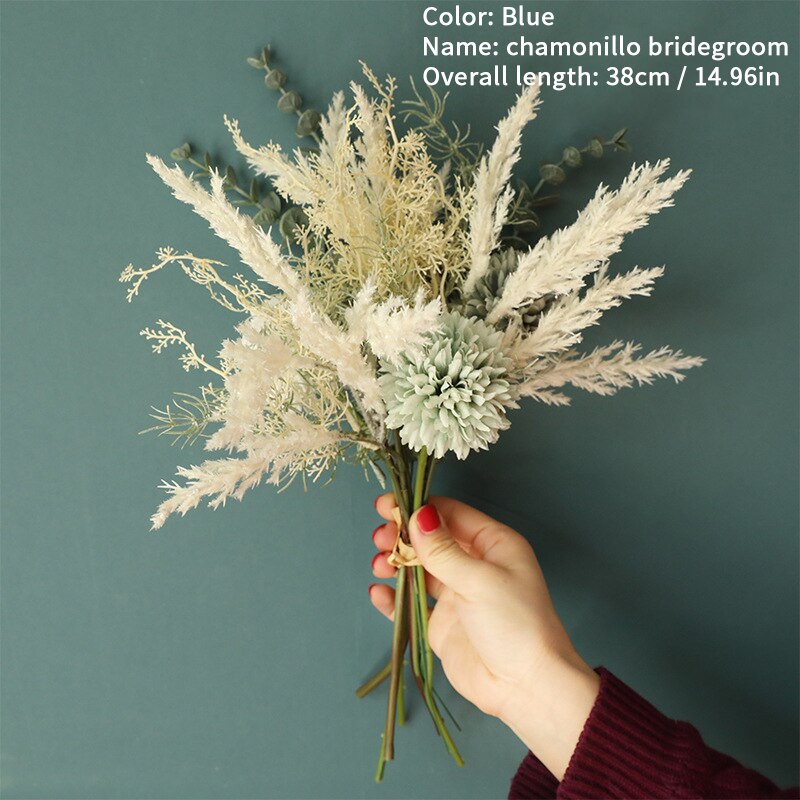 Ins kunstige blomster silke løvetann eukalyptus hybrid bukett bryllup hjem dekorasjon falsk blomst: Blå