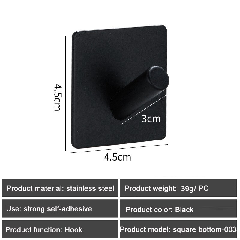 1PC SUS304 Robe Hooks Strong Self Adhesive Bathroom Stainless Steel Hook Wall Hangers Coat Towel Rustproof Hooks Kitchen Hardwar: Square Black 003