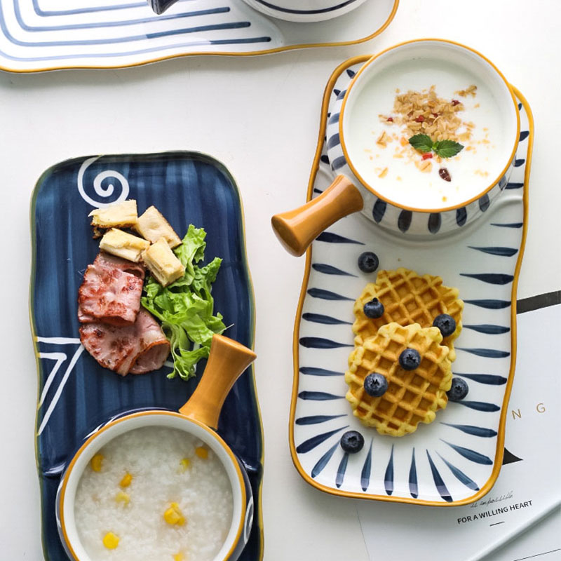 Japanse Ontbijt Keramische Servies Huishouden Serveren Gerechten Desserts Kommen Met Handgrepen Bone China Servies Diner Tafel Set