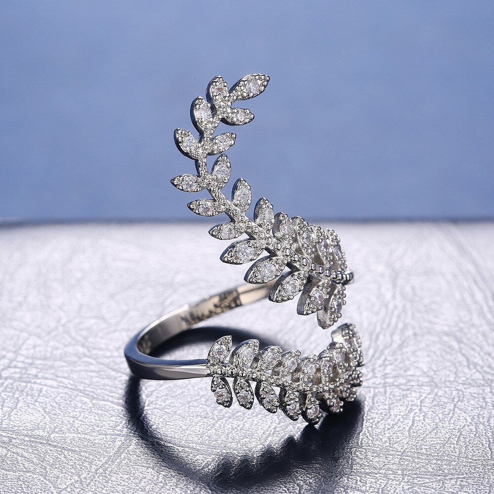 Leaf Opening Ring for Women Wedding Party Delicate Finger Ring Cubic Zirconia Adjustable Ring Jewelry