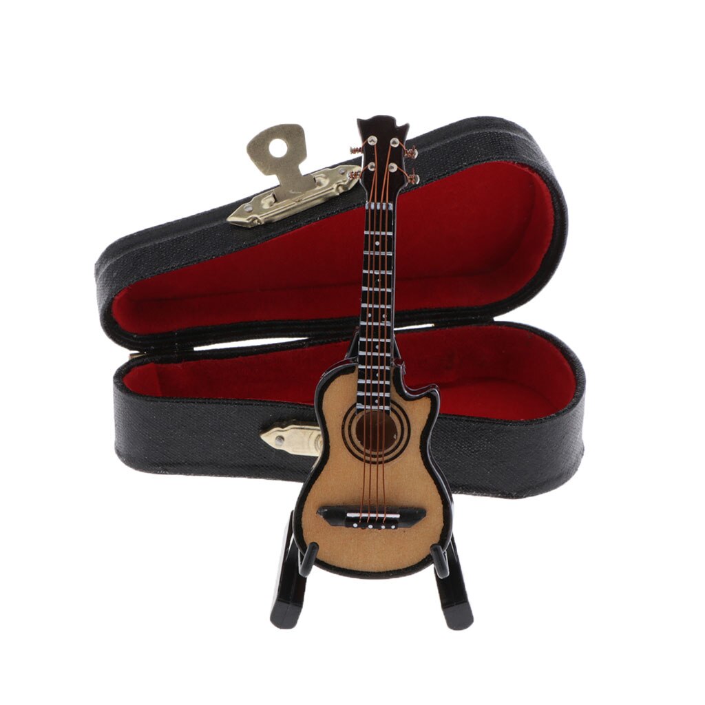 1/12 -skala miniature musikinstrument træ guitar model med stativ til dukkehus musik rum eller eventyr havedekoration: Brun