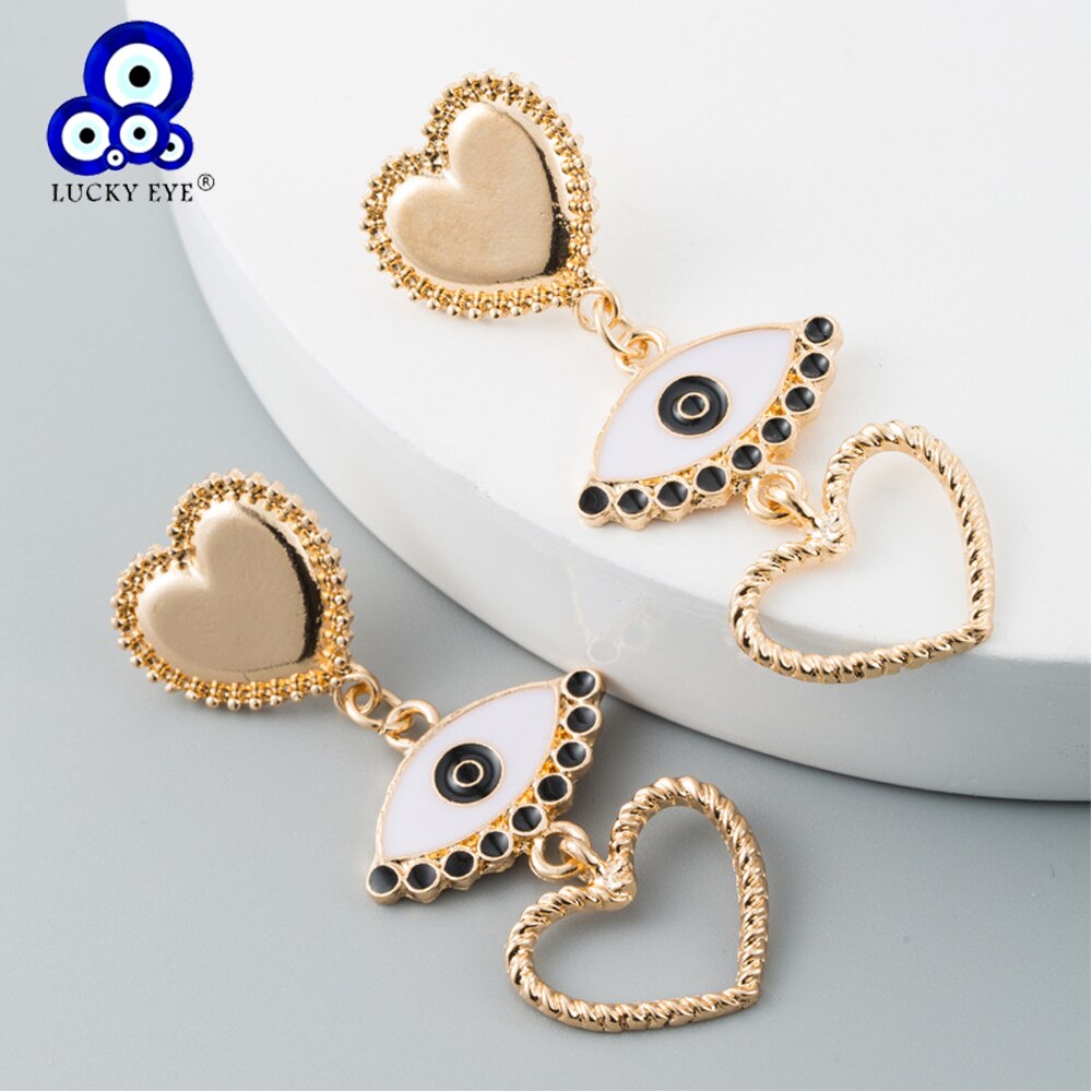 Lucky Eye Heart Turkish Evil Eye Charm Earrings Alloy Gold Color Long Dangle Earrings for Women Girls Jewelry LE445