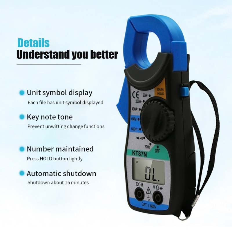 600V Blue KT87N Mini Digital Multimeter LCD Display Clamp Meters AC/DC Voltage AC Current Capacitance Electrical Megger Tester