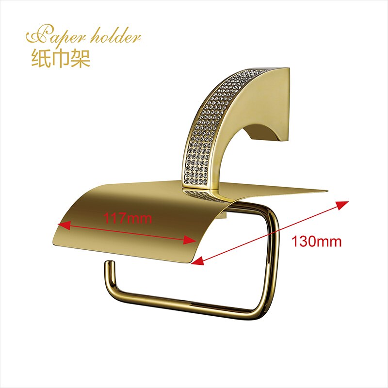 Messing guld badeværelsestilbehør sæt tandbørsteholder metal sæbeskål poleret med krystal badeværelsessæt 5 stk skåret glaskrog: Bad -5