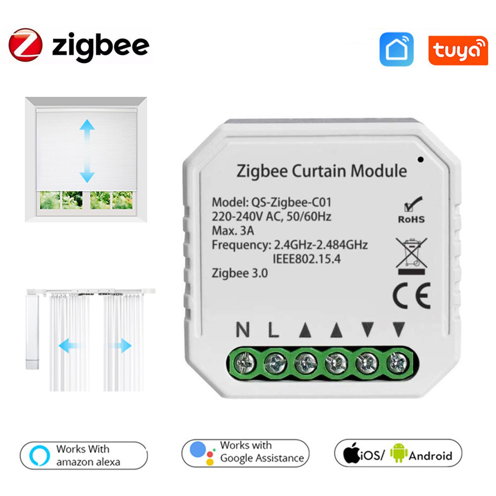Módulo de interruptor de cortina inteligente Tuya ZigBee 3,0, Motor de persiana enrollable para Alexa, Google Home, herramienta de bricolaje de Control por aplicación