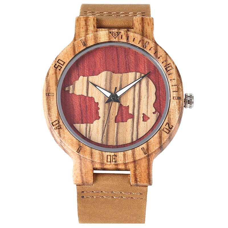 Houten horloge kwarts lichtgevende wijzers ijsbeer driedimensionale wijzerplaat natuurlijke houten horloges bamboe ebbenhouten klok herenhorloges: W458302