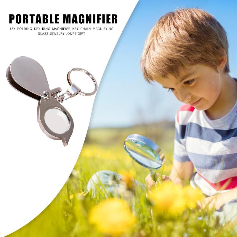 15X Magnifier Metallic Silver Foldable Portable Mini Exquisite Durable Keychain Glass Loupe Pocket Tool Supplies