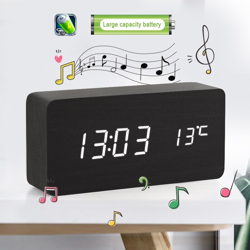 TIMESS USB Clocks LED Wooden Alarm Clock Watch Table Voice Control Digital Wood Electronic Desktop Table Decor Clock 2022: 5