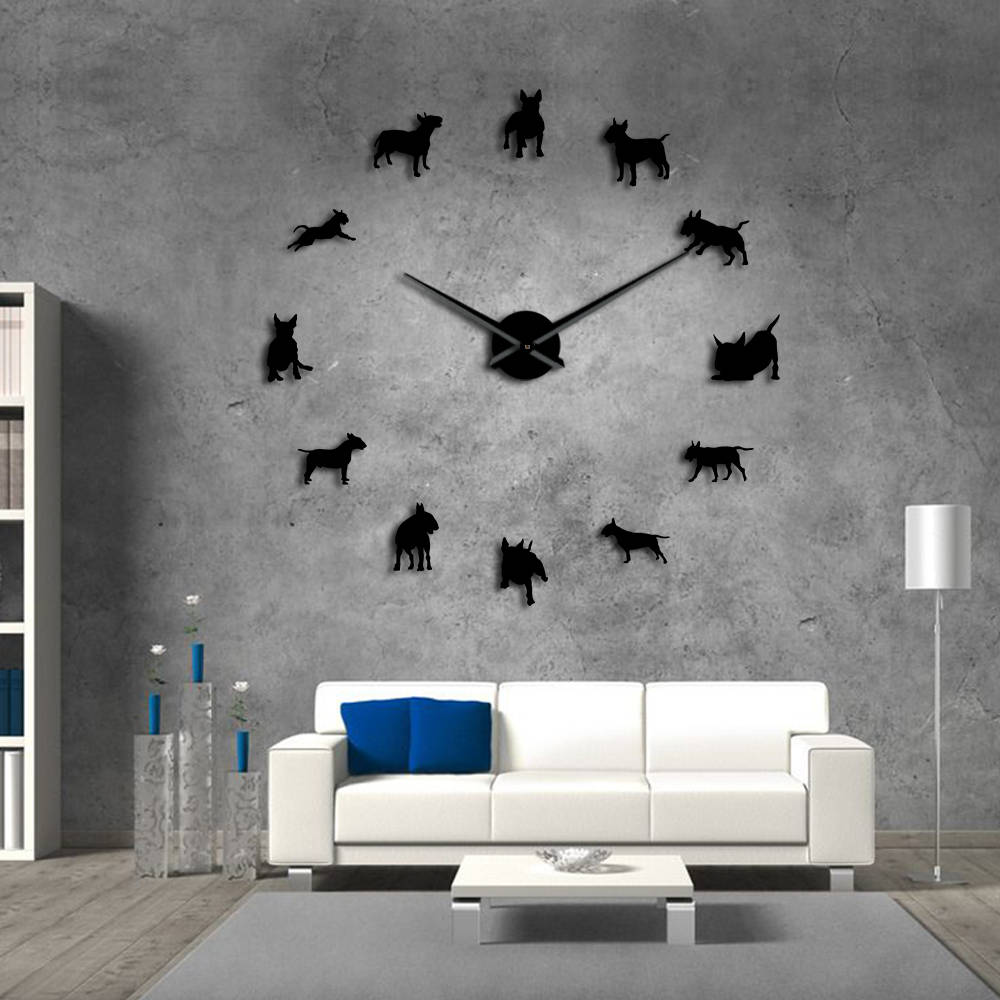 DIY Reloj de pared grande Bull Terrier perro Reloj de pared arte perro Pug aguja reloj decoración de tienda de mascotas para Bull Terrier amante