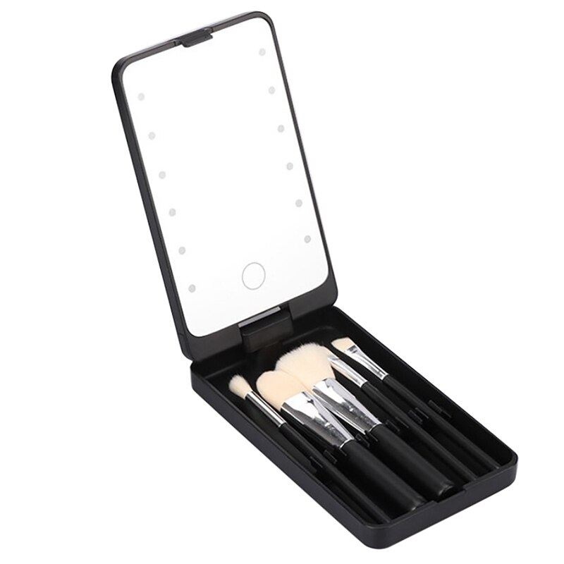 LED Makeup Mirror Portable Makeup Mirror Travel Mirror Stroage Box Makeup Organizer Mirror Box with Full Set Brushes: Black