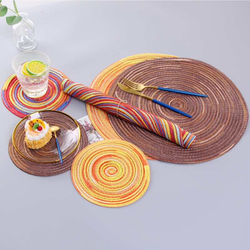 Regenbogen Farbe Tischset Schüssel Satin- Gefärbt Ramie Baumwolle Garn gewebte Tasse Pad Runde Platte matt Individuelle Mantel Esszimmer Untersetzer einstellen
