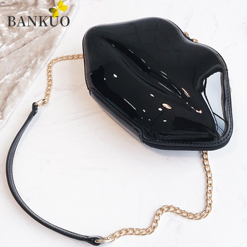 Bankuo Womens Evening Clutch Bag Pu Solid Chain Handtas Glossy Lakleer Crossbody Tas Mode Lip Vormige Schoudertas C381