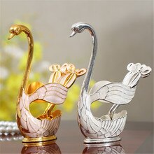 Luxe Metalen Koffie Dessertlepel Set Zwaan Base Houder Met 6Pcs Ijs Lepels Vorken Theelepels Dessert Suiker Salade bestek