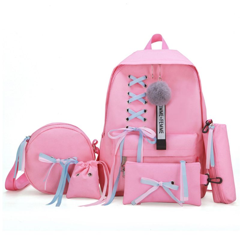 5pcs Canvas Backpack Ribbon Handbag Shoulder Drawstring Bag Pencil Case Set X5XA: pink