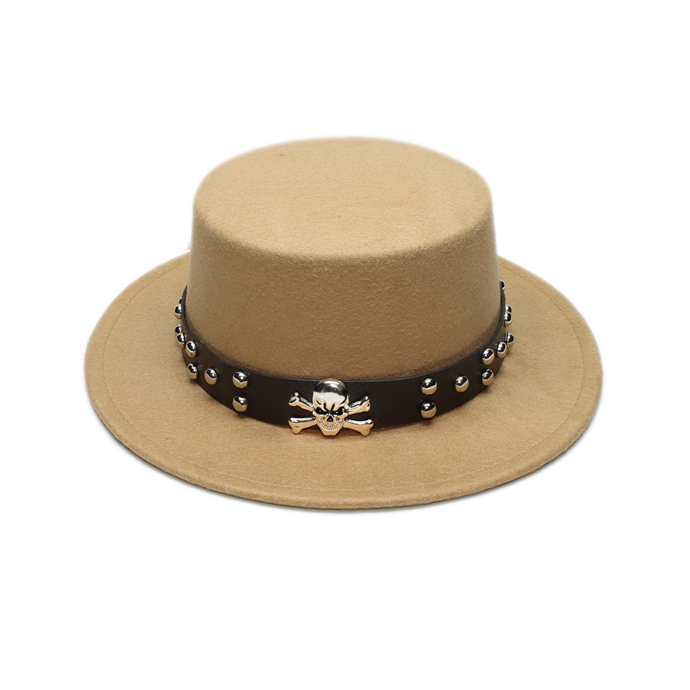 Retro dödskalle läderband förälder-barn unisex /barn ull bred brätte fedora fläskpaj fläsk-paj hatt bowler rund keps  (57cm/54cm): Kamel / Barn storlek 54cm