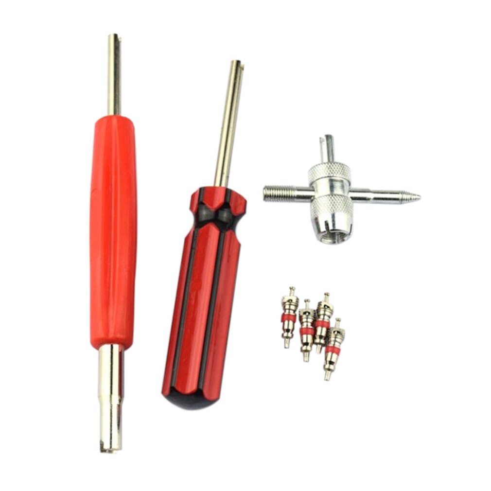 Tire Valve Repair Tool Set Dual Single Head Valve Core Remover Tools with 4-Way Valve Tool Brass Valve Cores