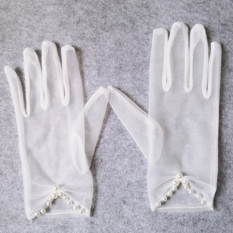 Białe tiulowe rękawiczki ślubne Bidal dla panny młodej suknia na bal maturalny z rękawiczkami damskie perły zroszony zwykły rękawiczki Guantes Transparentes: Default Title