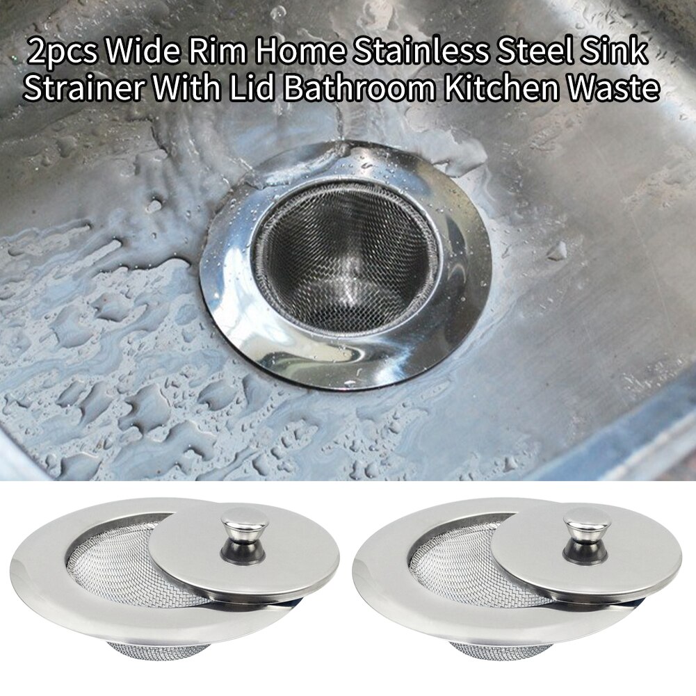 2pcs Food Filter With Lid Stopper Cover Wide Rim Anti Clogging Bathroom Kitchen Sink Strainer Universal Home Stainless Steel