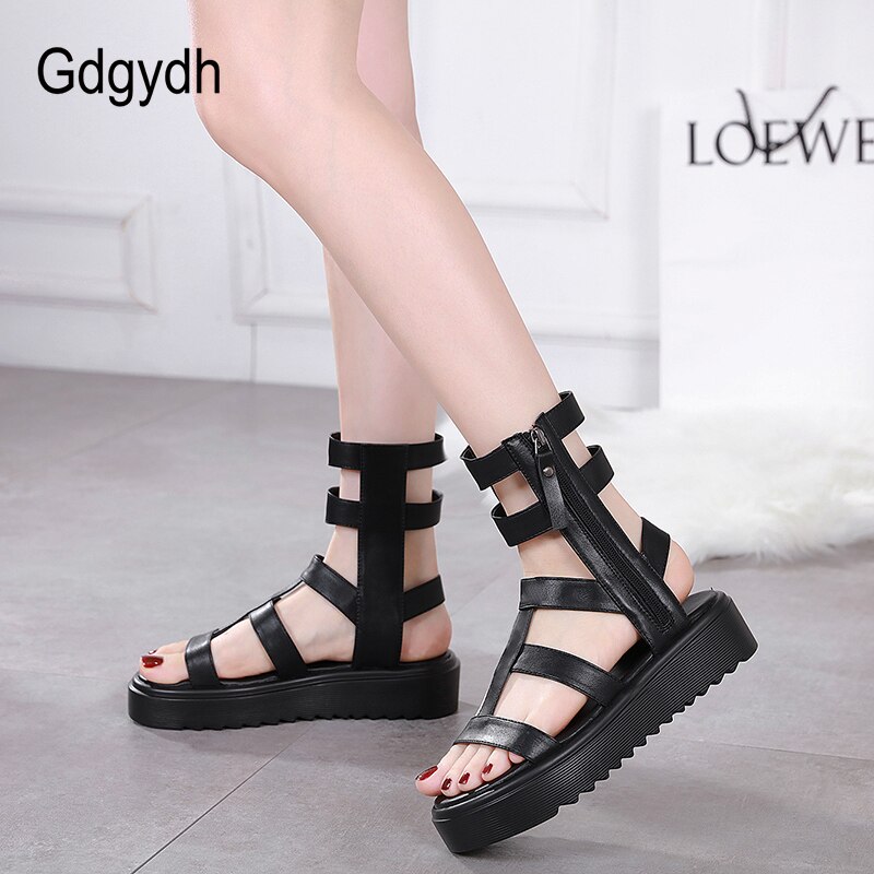 Gdgydh ankelrem gladiator sandaler kvinder platform tyk bund komfortable sko til sommer sort punk lynlås